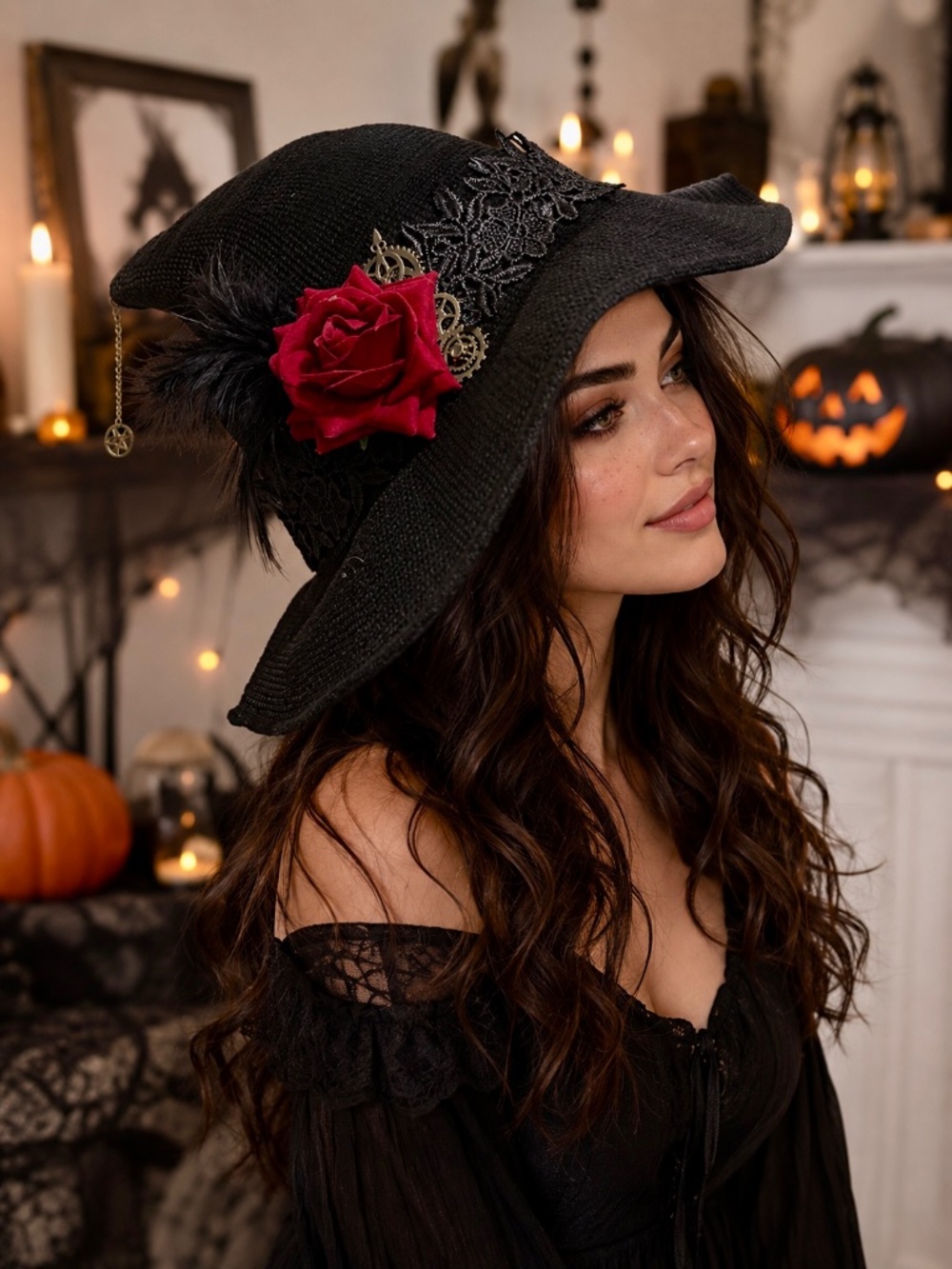 Gothic Steampunk Witch Hat Black Red Rose Halloween Costume Wide Brim